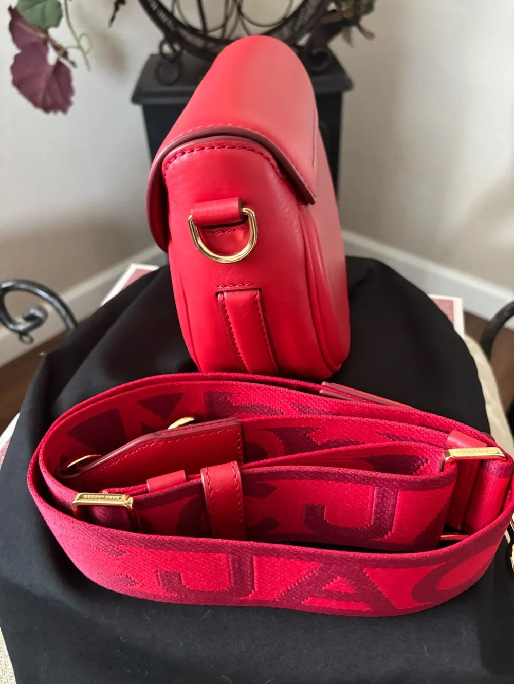 Marc Jacobs Bright Red Crossbody Saddle Bag with Logo Strap